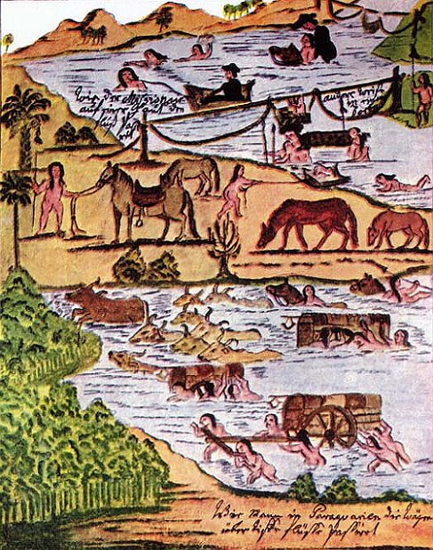 Florian Paucke: Jesuiten überqueren einen Fluss in Chaco