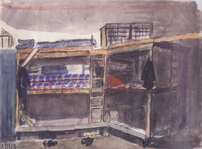 Youth Barrack's Dwellings (1943) by Petr Ginz, Watercolor on paper, Gift of Otto Ginz, Haifa, Collection of the Yad Vashem Art Museum, Jerusalem