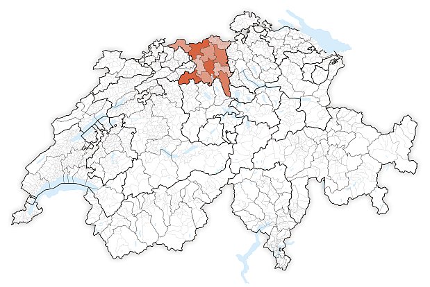 Karte der Schweiz (Bezirke des Kantons Aargau sind rot)