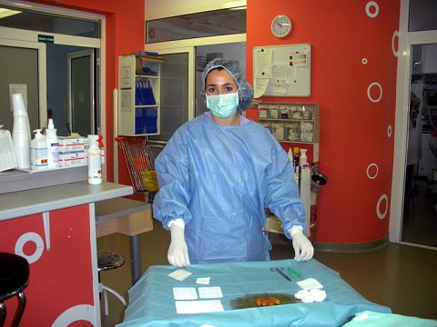 Lourdes preparando un campo estéril, foto: Autora