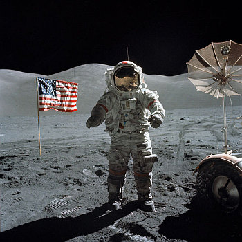 Eugene Cernan beside the lunar rover on the Moon, December 1972, Apollo17, photo: NASA