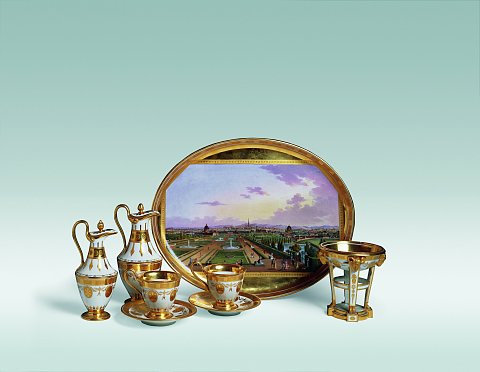 Kaiserliche Porzellanmanufaktur: Tête-à-tête (sechsteilig) mit Aussicht auf Wien von Schloss Belvedere aus