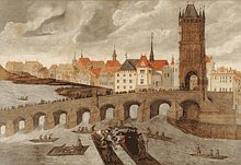 View of Prague's Charles Bridge with the scene of the drawing of St John Nepomucene's body from the river Vltava Anonymous painter, second quarter of the 18th century