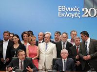 Leader of the New Democracy conservative party Antonis Samaras (bottom left) speaks during a press conference, photo: CTK
