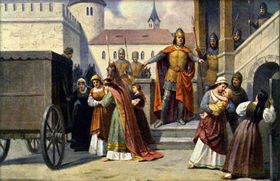 Jan Lucemburský, podezíraje královnu Elišku, že ho chce zbavit trůnu ve prospěch syna Václava, dal dítě uvěznit a matku odvézt na Mělník, Josef Mathauser