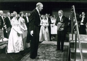 Jaroslav Heyrovský having received the Nobel Prize from the Swedish king