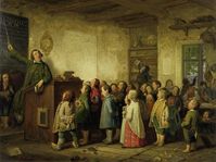 Obraz Johanna Petera Hasenclevera znázorňuje typickou výuku ve střední Evropě v polovině 19. století