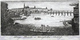 Puente de Carlos con vista al Castillo de Praga, grabado de J. Hasse