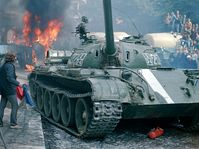 Soviet tank in front of the Czechoslovak Radio building, photo: CTK