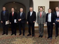 Defense minister Martin Stropnický, Bohuslav Sobotka, chairman of the Senate Milan Štěch, Miloš Zeman, chairman of the lower house of parliament Jan Hamáček, foreign minister Lubomír Zaorálek, interior minister Milan Chovanec, photo: CTK